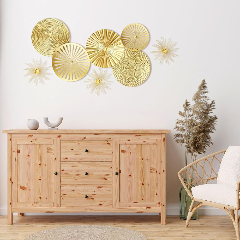 Gold 8 Pcs Wall Decor Round Modern Metal Plate Art