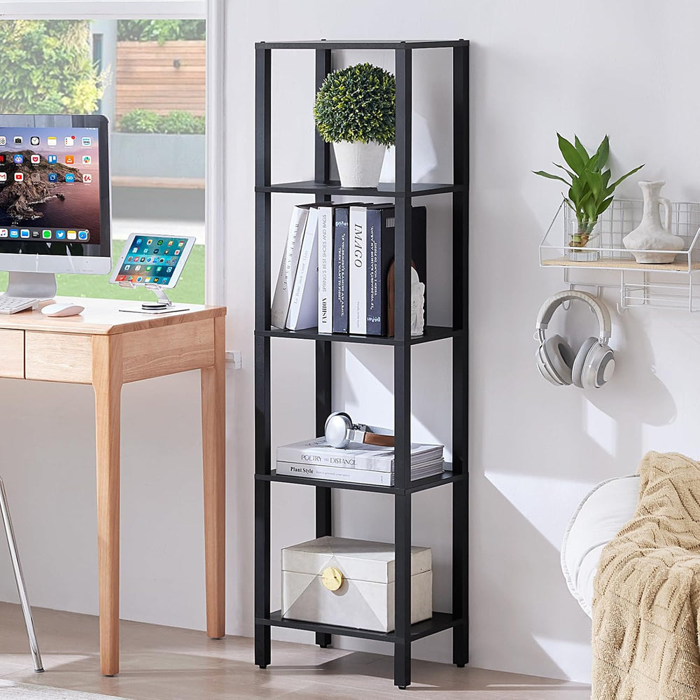 YUFAM 5 Tier Tall Narrow Bookshelf, Skinny Bookcase, Wooden Shelf, Black