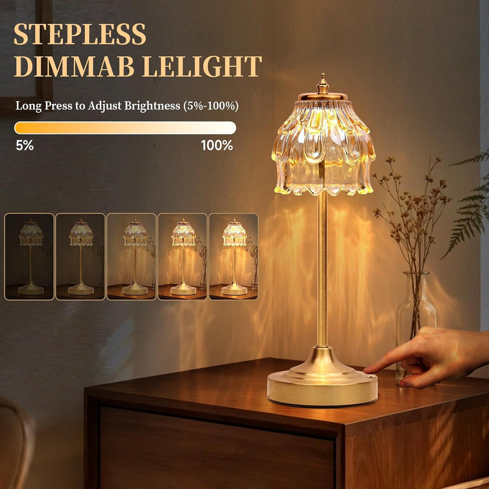 Rechargeable Cordless Table Lamp with Amber Glass, Gold Flower Table Lamp
