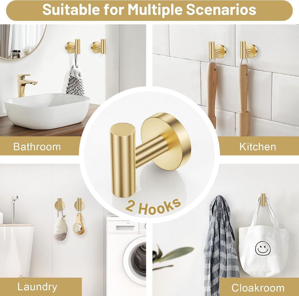 Brushed Gold Bathroom Hardware Set, Toilet Paper Holder, Towel Ring & Hooks