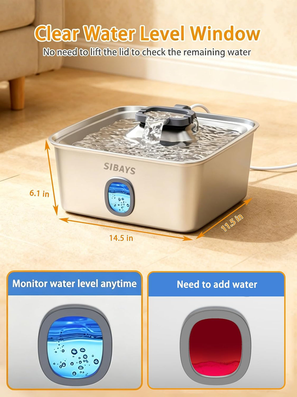 SIBAYS Large Dog Water Fountain, 4Gal/15L Large Capacity Stainless Steel Dog ...