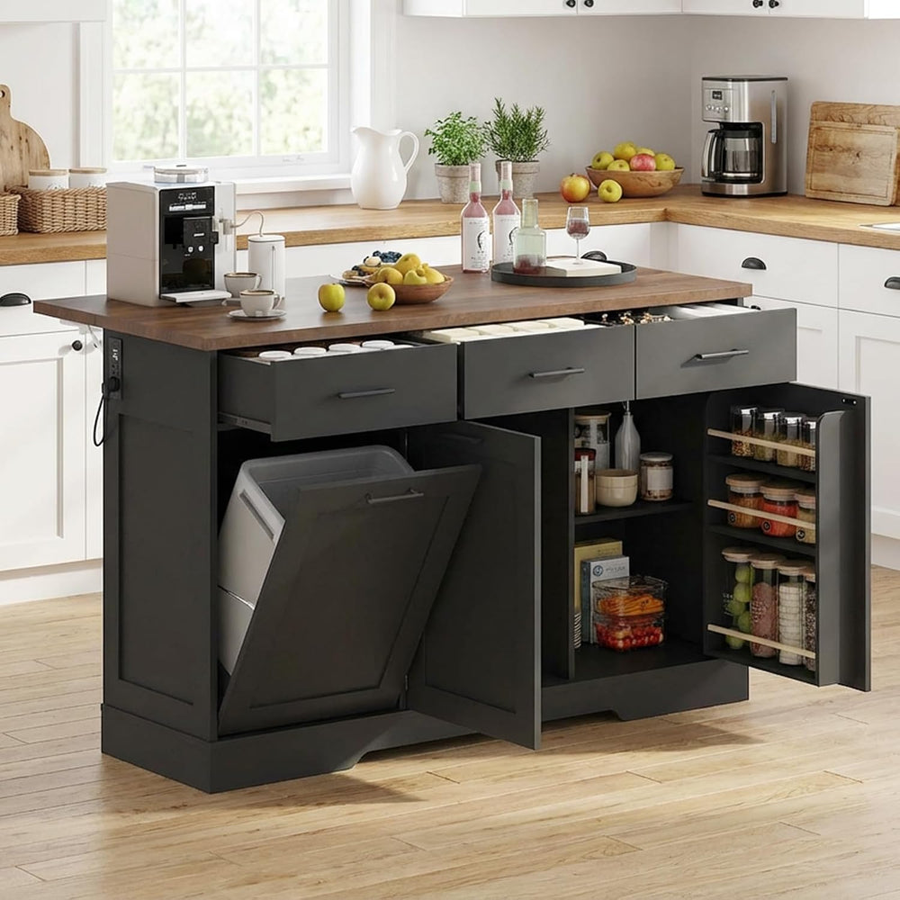 Kikihouse 55" Kitchen Island Table with Power Outlet & Drop Leaf, Black