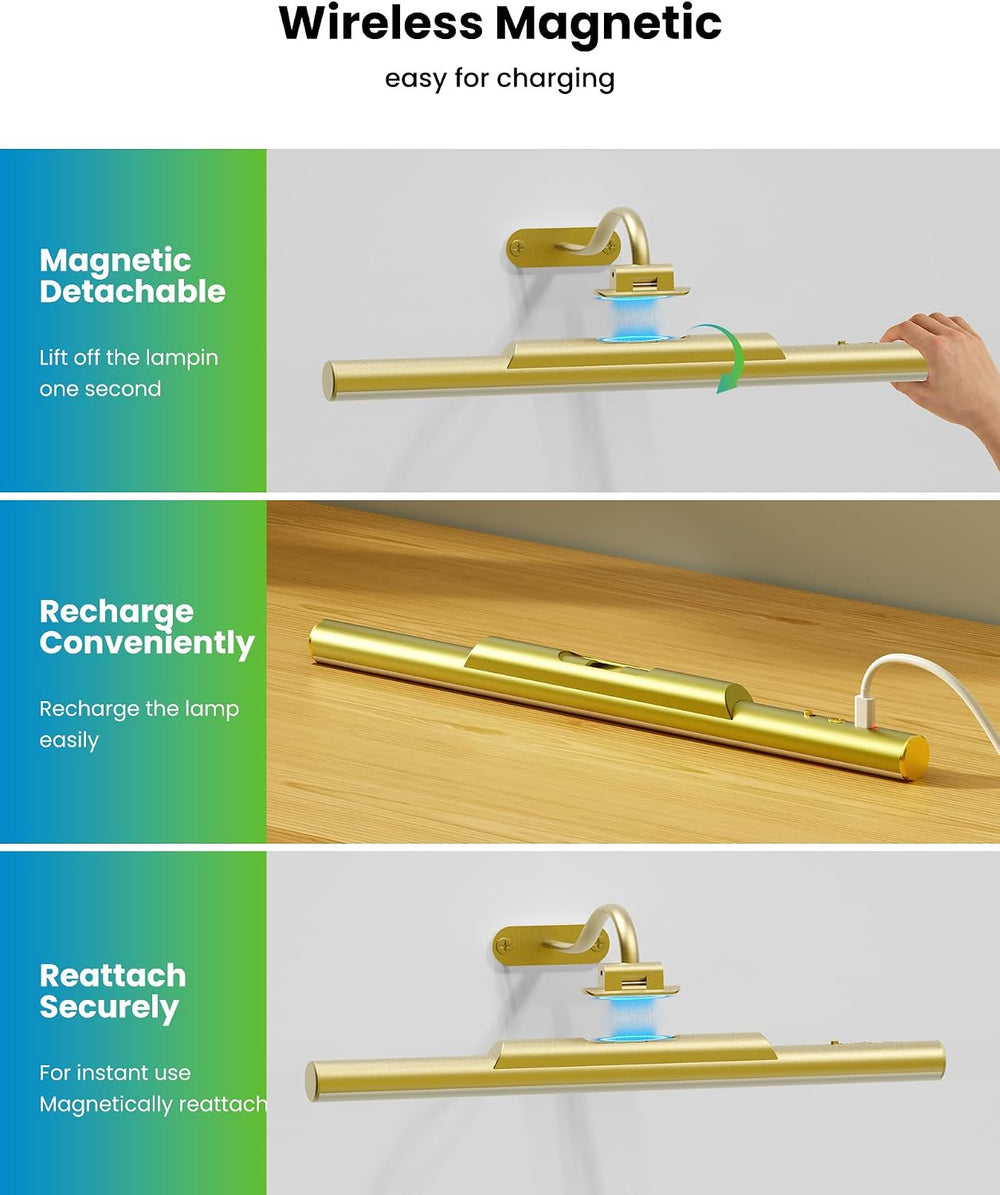3 Pack Picture Light for Wall Cordless Rechargeable 16in Gold