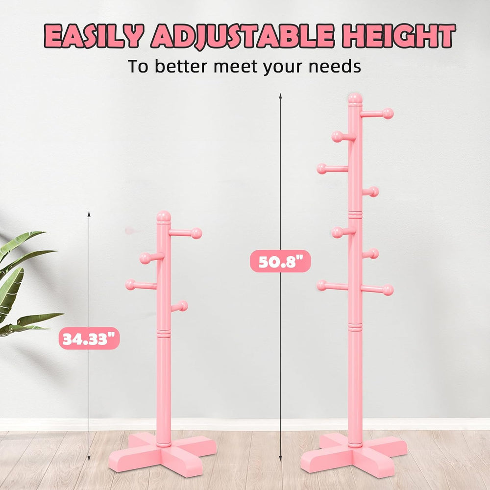 8-Hook Freestanding Wooden Coat Rack 2 Adjustable Heights Pink
