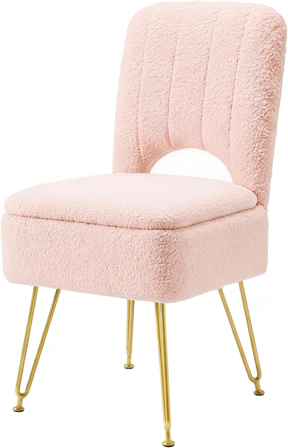VECELO Pink Vanity Stool Chair with Storage and Folding Back, 15.75" x 1...