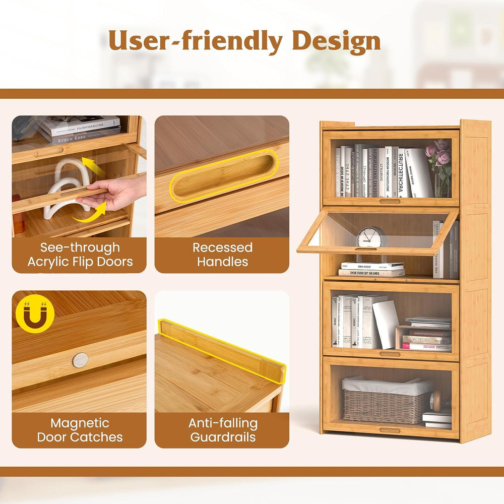 Giantex 4-Tier Bookcase with Clear Doors, 55" Bamboo Bookshelf with Flip...