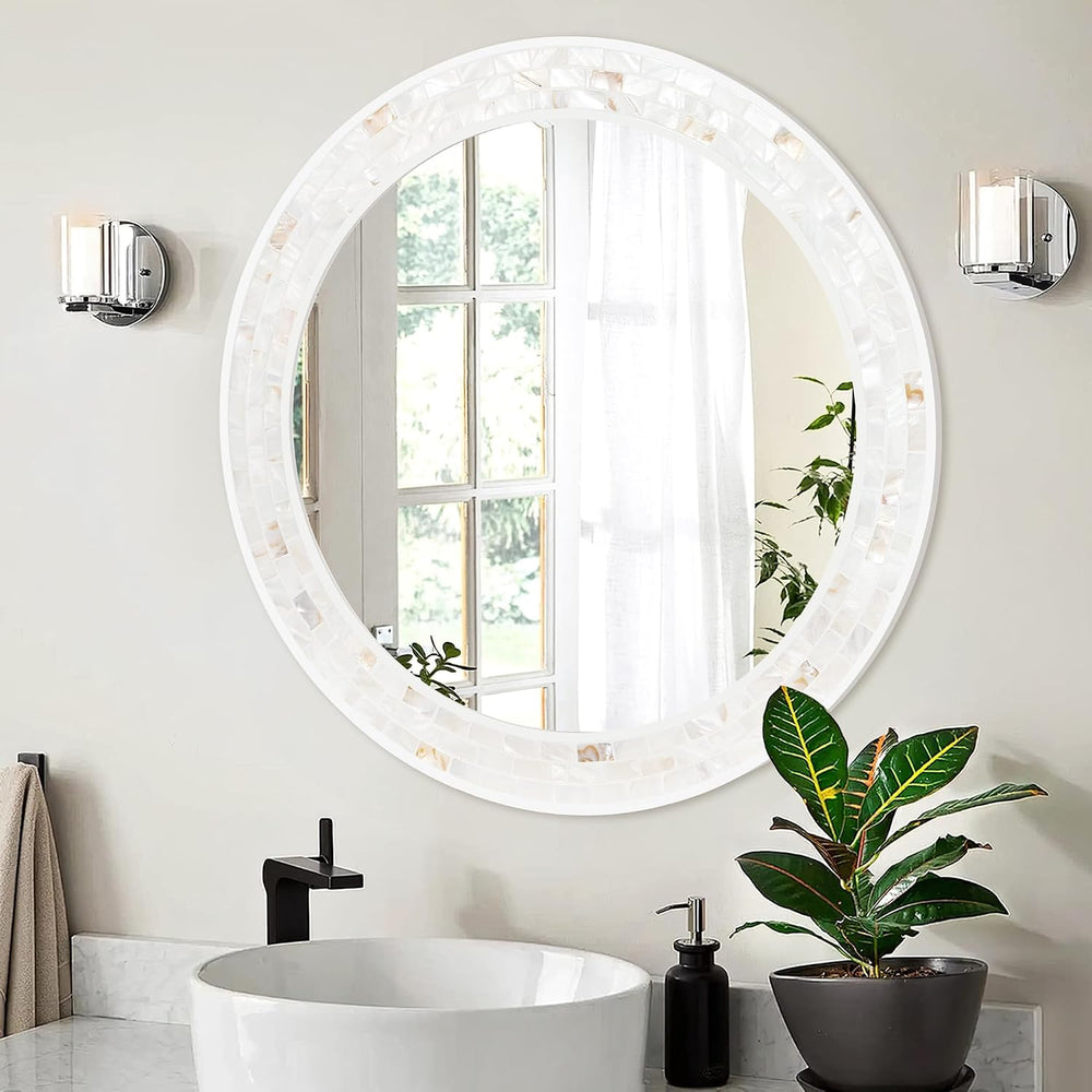 24 Inch Round Bathroom Mirror, Coastal Shell Framed Wall Decor