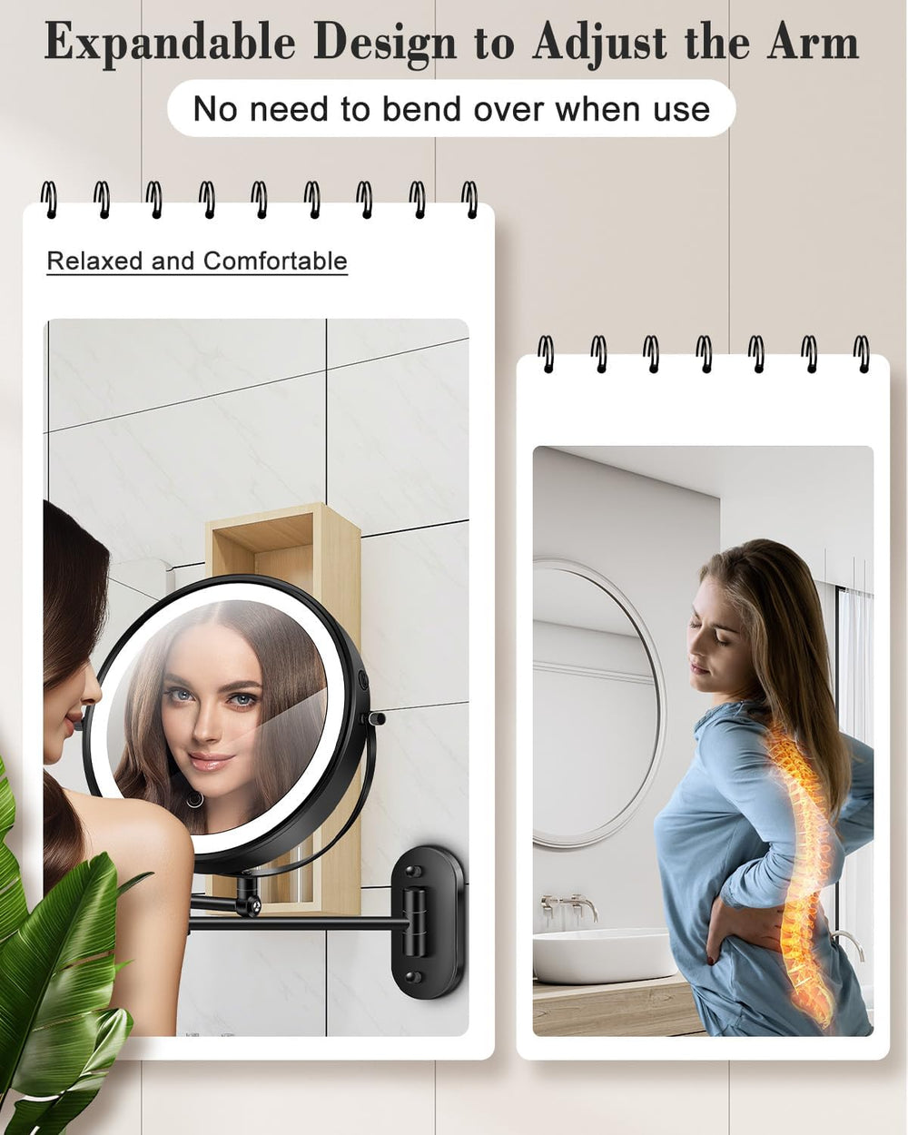 20X 9" Wall Mounted Magnifying Makeup Mirror with Light Height Adjustable