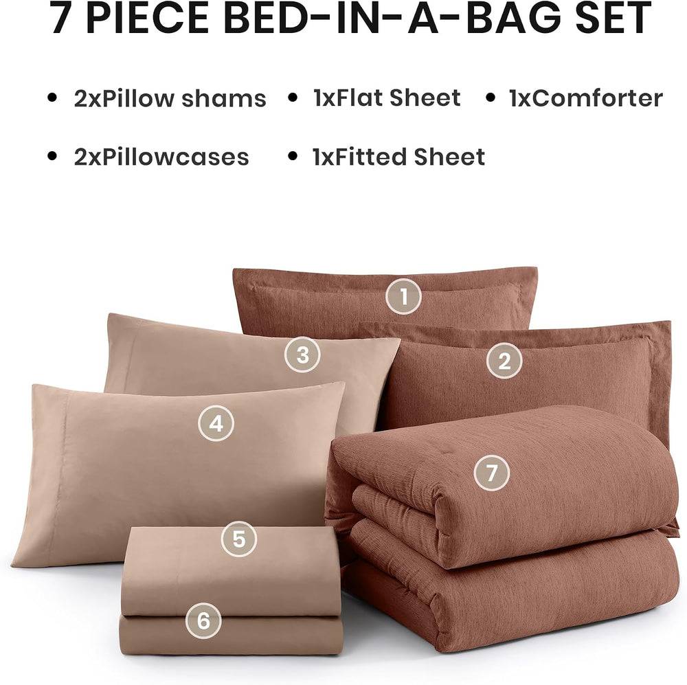 Monbix Queen Comforter Set 7 Pieces Terracotta Cationic Dyeing Bed in a Bag
