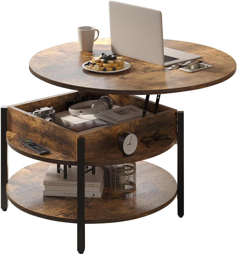 FABATO 26.77” Round Lift Top Coffee Table with Storage, Rustic Brown