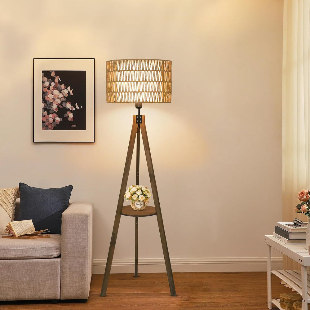 LAMSU Boho Tripod Floor Lamps for Living Room, Rattan Wood Floor Lamp with Fa...