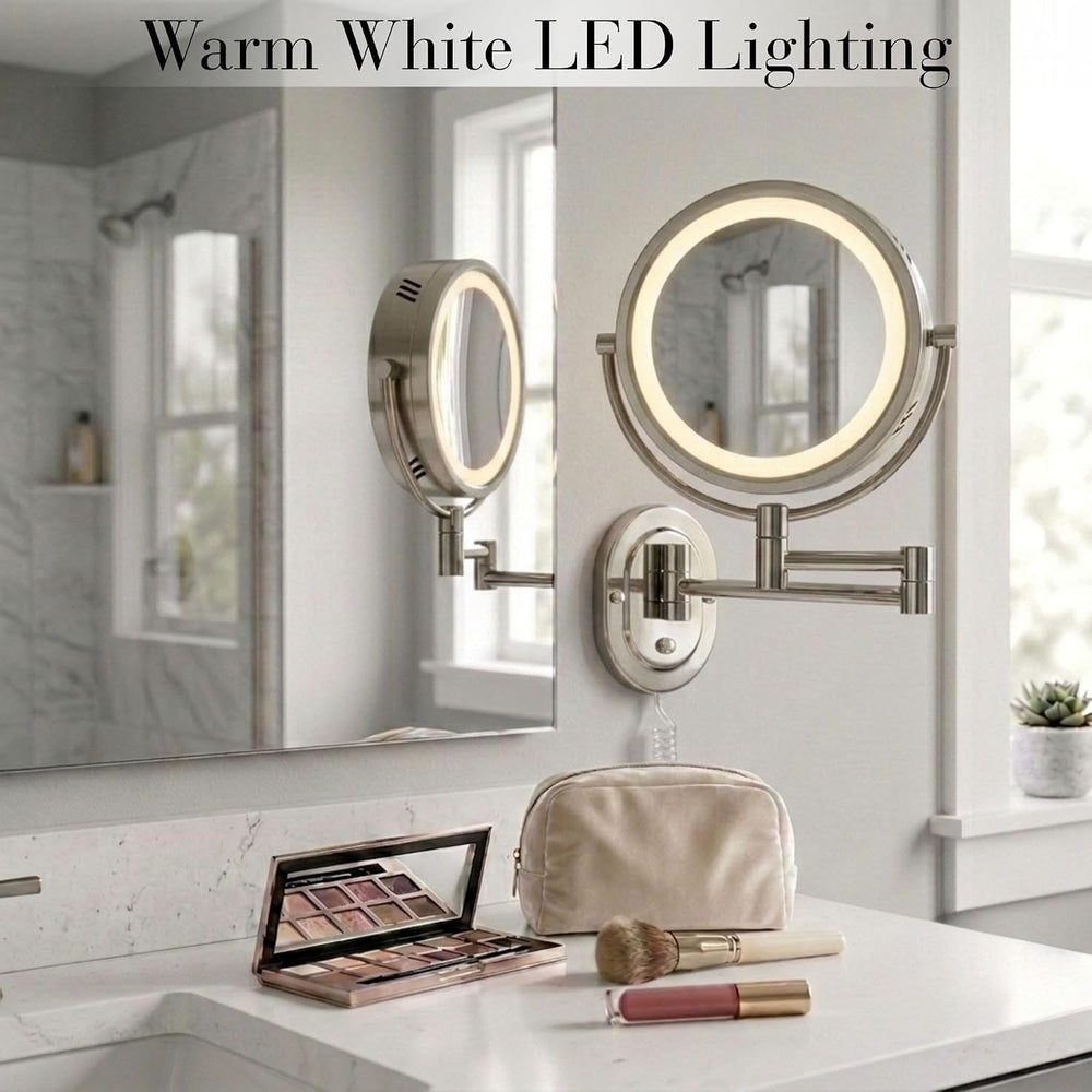 JERDON Lighted Wall-Mount Makeup Mirror - 5X Magnification - Nickel - HL65N