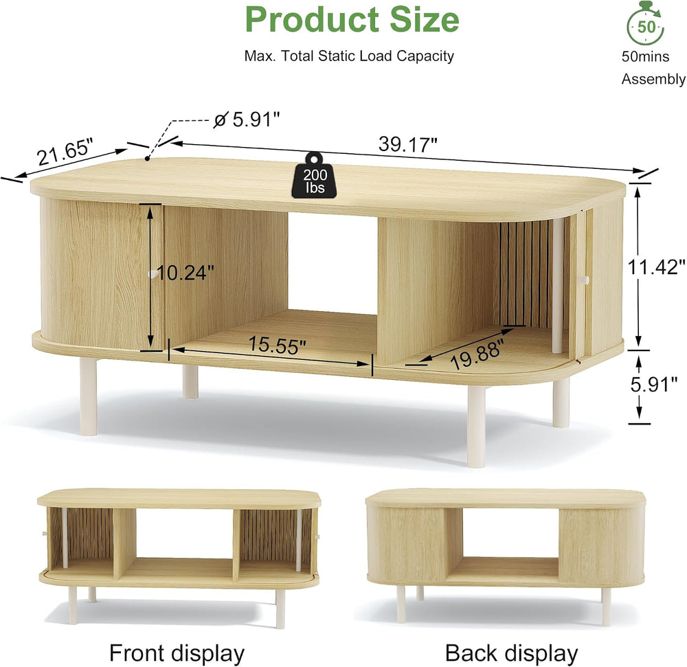 FROMJBEST 39.17" Oval Coffee Table with Sliding Doors, Mid-Century, Oak