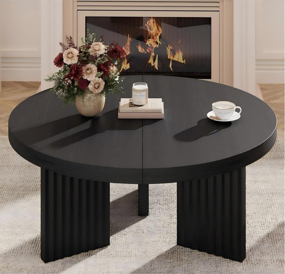 IDEALHOUSE Round Coffee Table, 33.5" Circle Center Table with Fluted Leg...