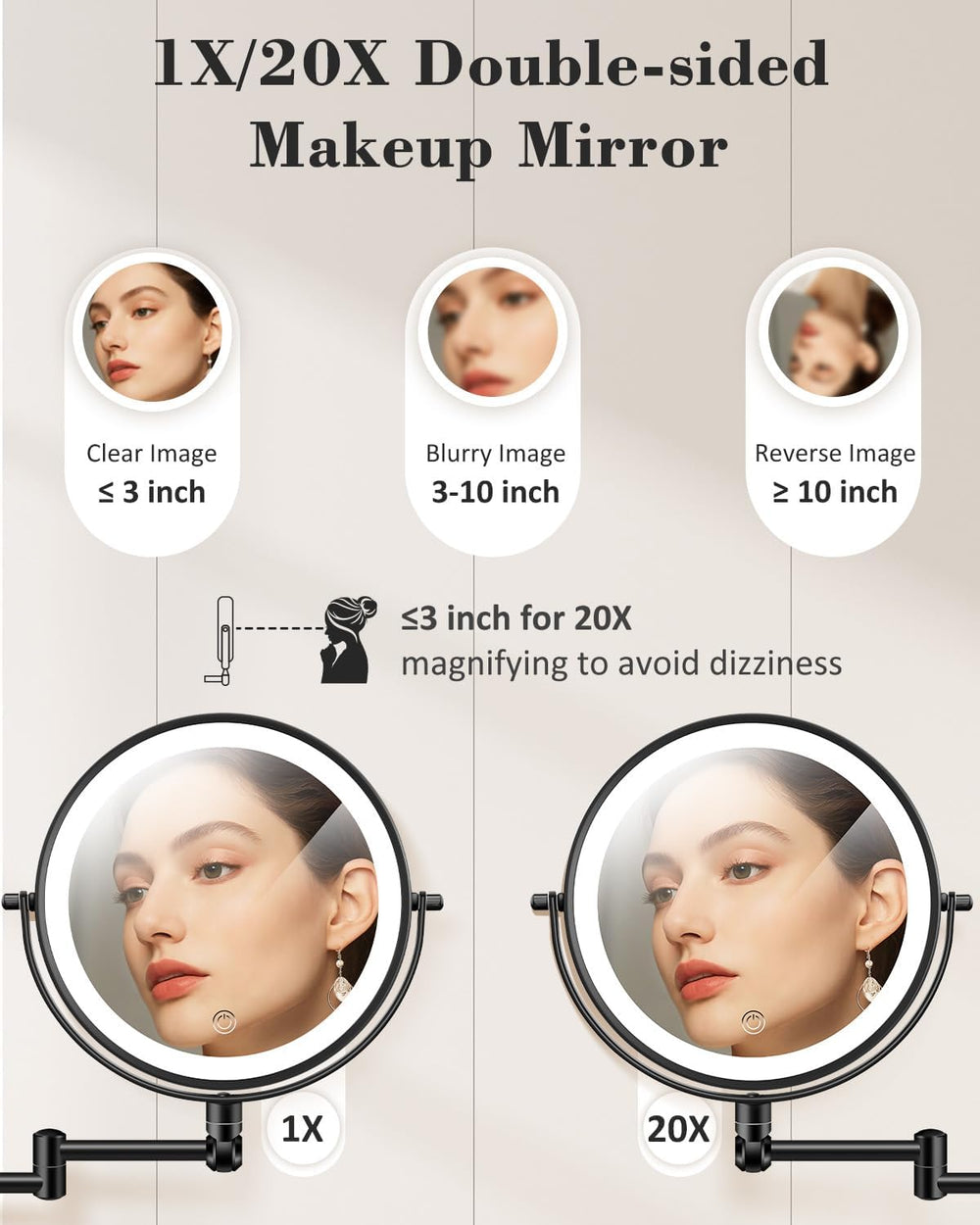 20X 9" Wall Mounted Magnifying Makeup Mirror with Light Height Adjustable