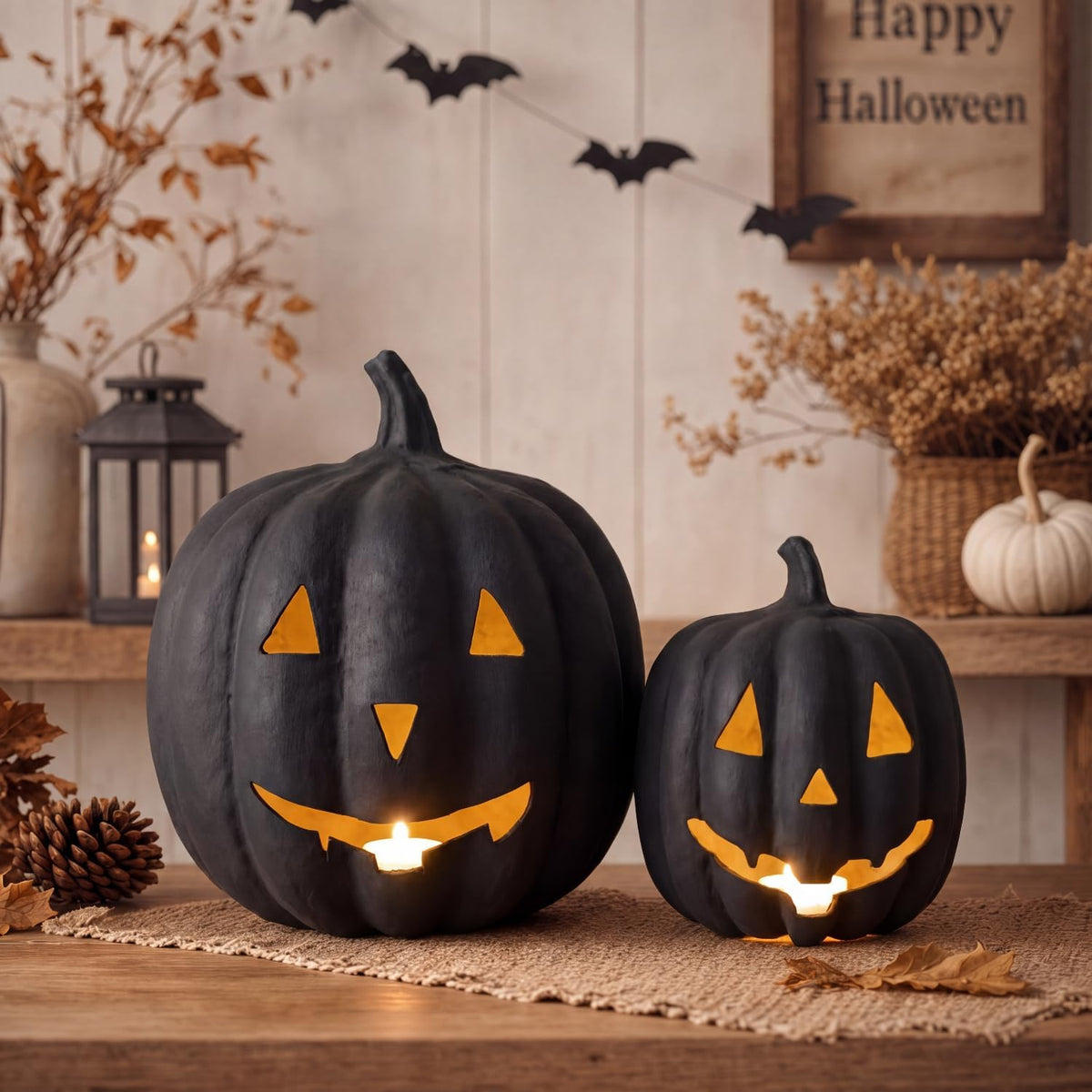 Tenceur 2 Pack Halloween Paper Mache Jack O' Lanterns Pumpkin Indoor, Black