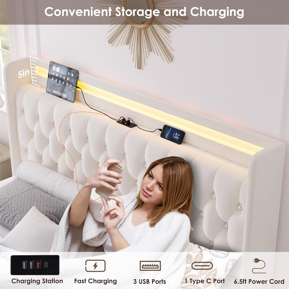 HIFIT Upholstered Queen LED Bed Frame w/Storage & Charging Headboard, Beige
