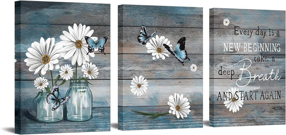 RyounoArt 3 Piece Daisy Wall Art Butterfly Inspirational Picture on Canvas fo...