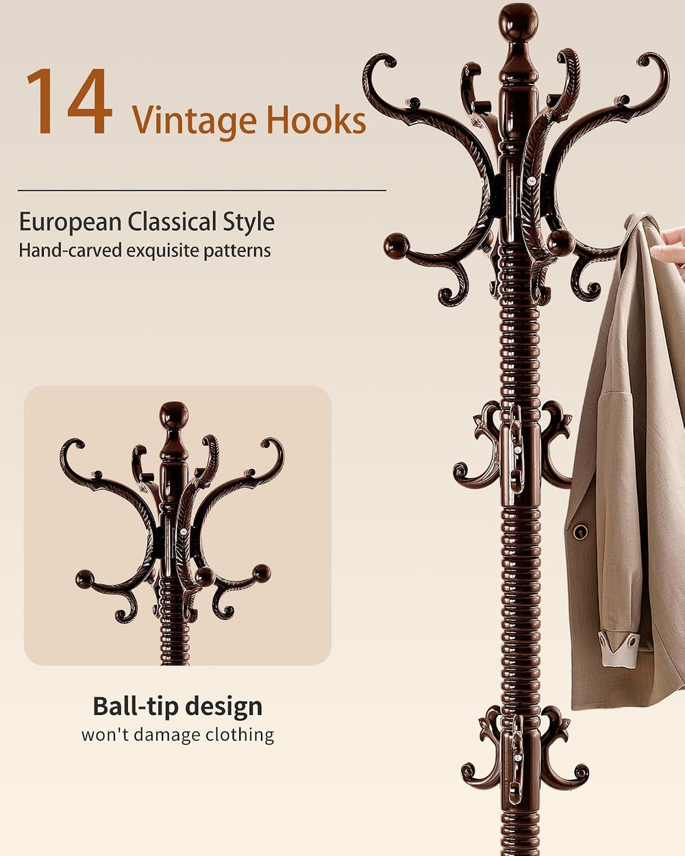 Coat Rack Freestanding,Solid Wood Vintage Hall Tree with 14 Hooks