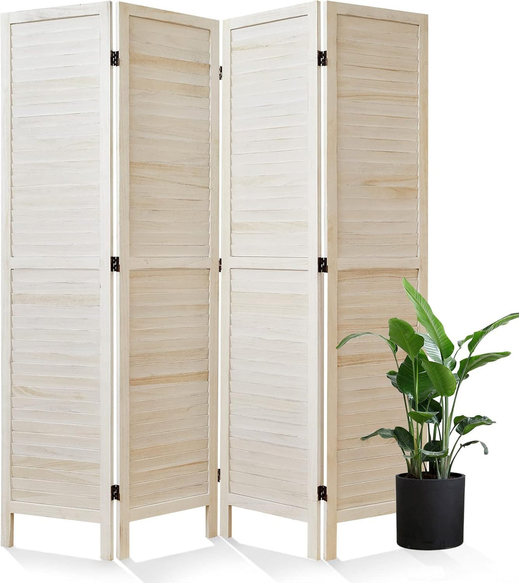 Room Dividers and Folding Privacy Screens, Wood Louvered Separators Divider Wall for Home Office Bedroom - 4 Panels, 67 * 60inch (White-Washed)