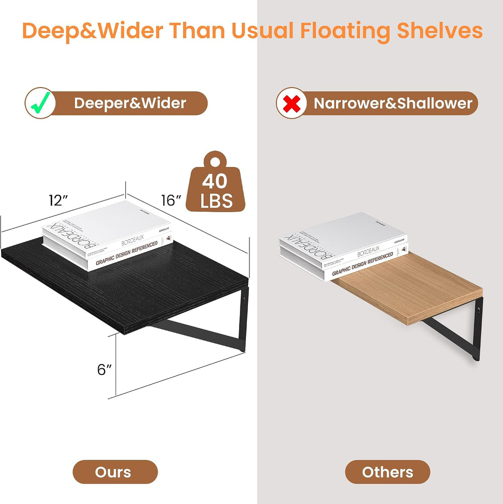 Heimlove 16W x 12D Deep Floating Shelves Set of 2 Black