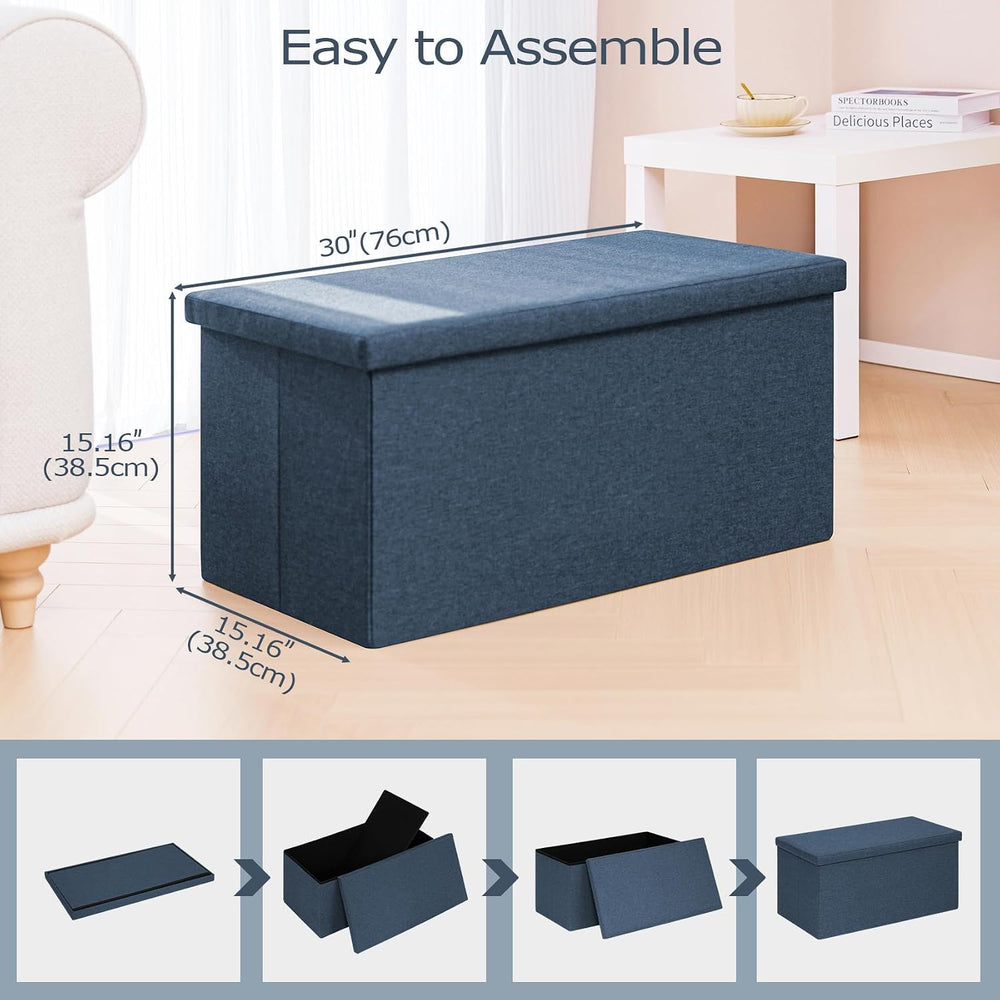 PINPLUS Folding Storage Ottoman Bench with Tray, Dark Blue