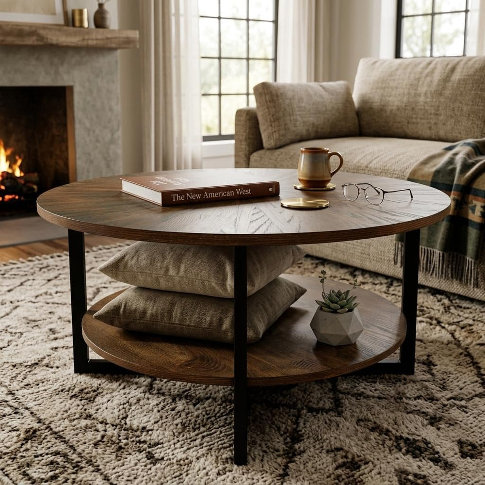 Round Coffee Table with Storage Shelf, Farmhouse Living Room Cocktail Black M...
