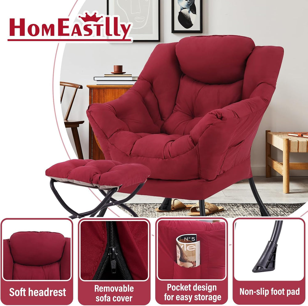 Lazy Chair with Ottoman, Soft Comfy Chair for Bedroom, Burgundy