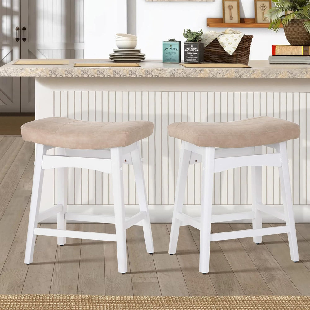 ALPHA HOME 24 Inch Bar Stools Set of 2, Solid Wood Saddle Kitchen Stools