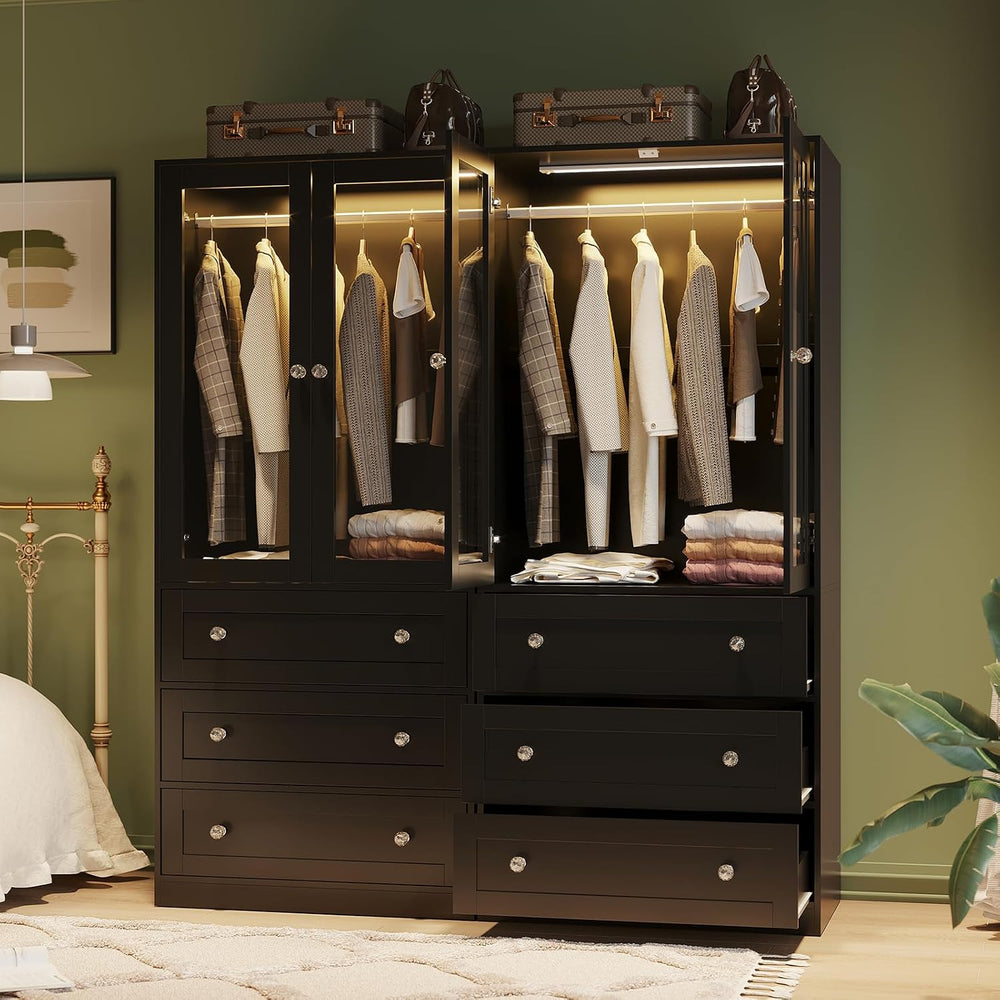 VOWNER 71" H Armoire Wardrobe Closet with Motion Sensor LED Light (Black)