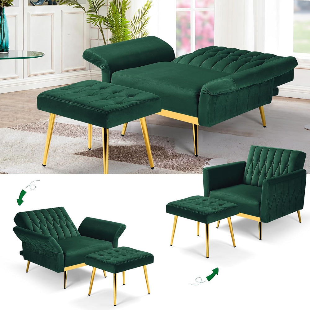 2 Pieces Velvet Sofa Set with Adjustable Armrest and Backrests, Green