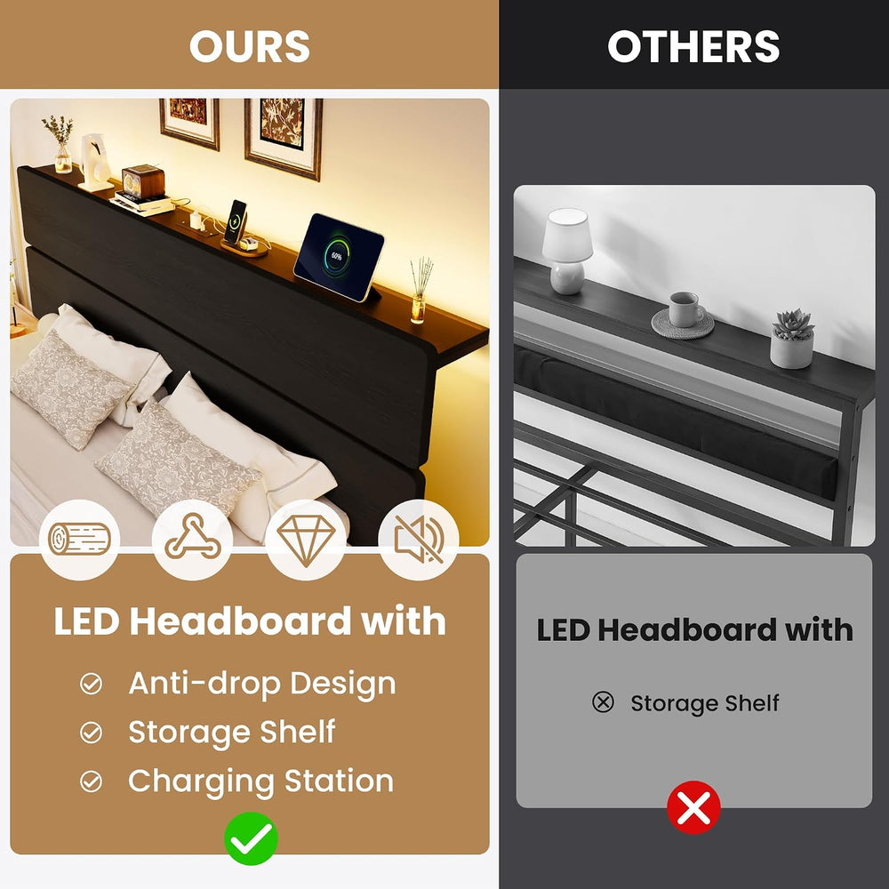 SHA CERLIN King Size Bed Frame, Led Light, Charging Station, Storage Shelf