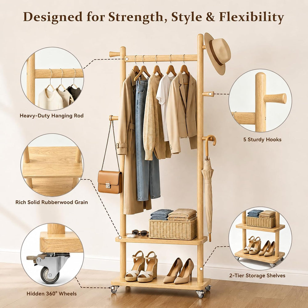 Taitiy Coat Rack Freestanding Solid Wood Clothes Rack with Wheels