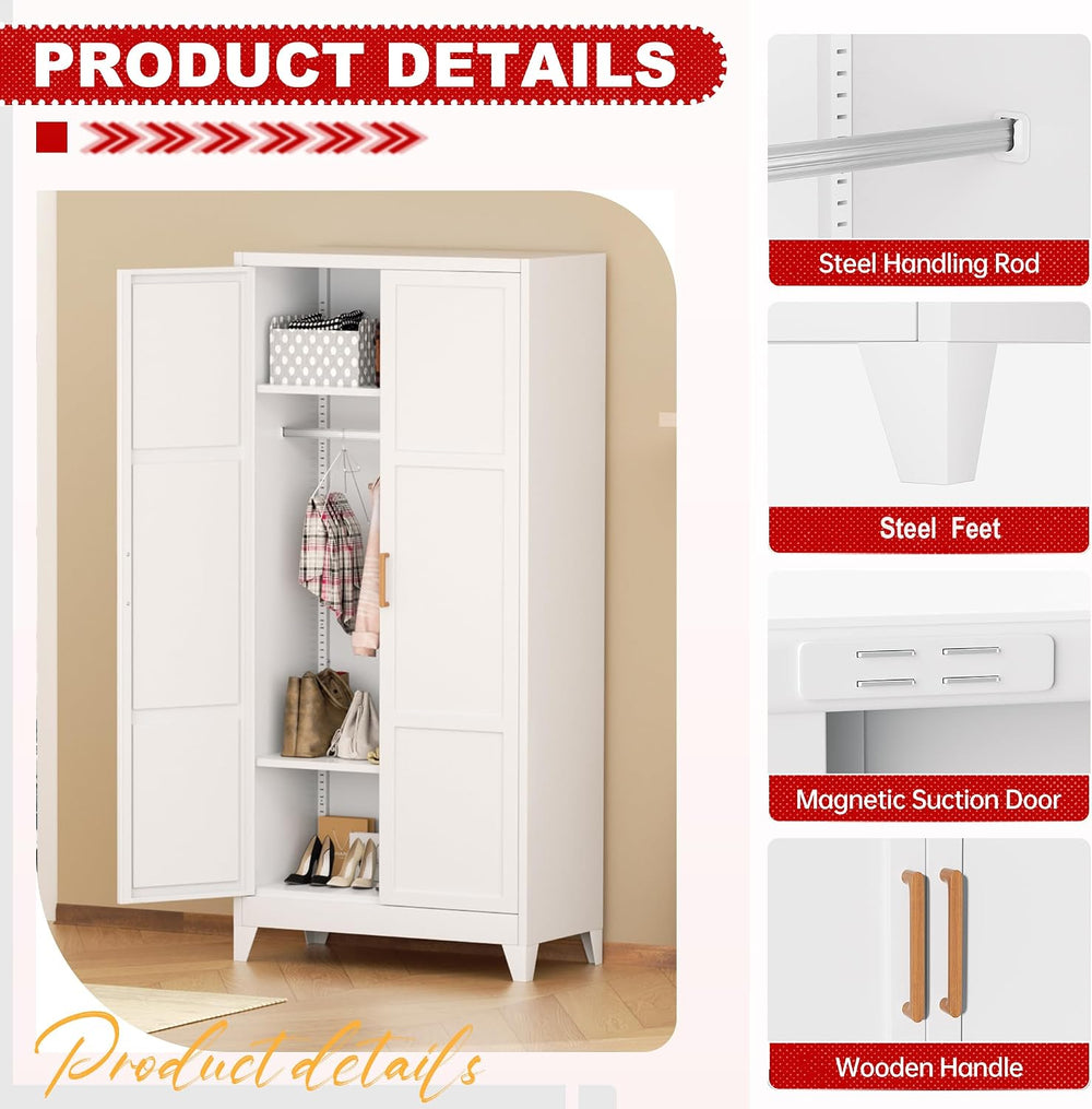 Superday Metal Wardrobe Closet, 72" H Bedroom Armoires with Wooden Handl...
