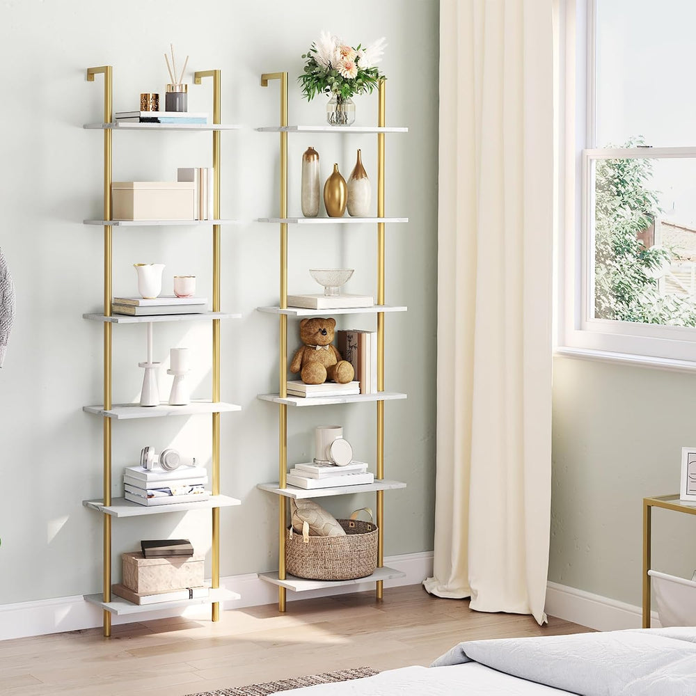 HOOBRO DIY Ladder Shelf, 6-Tier Wooden Wall Mounted Bookshelf, Narrow Gold Bo...