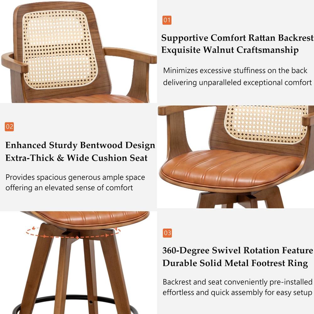 Mid Century Modern Bar Stools, Bar Height Swivel Chairs with Rattan Back