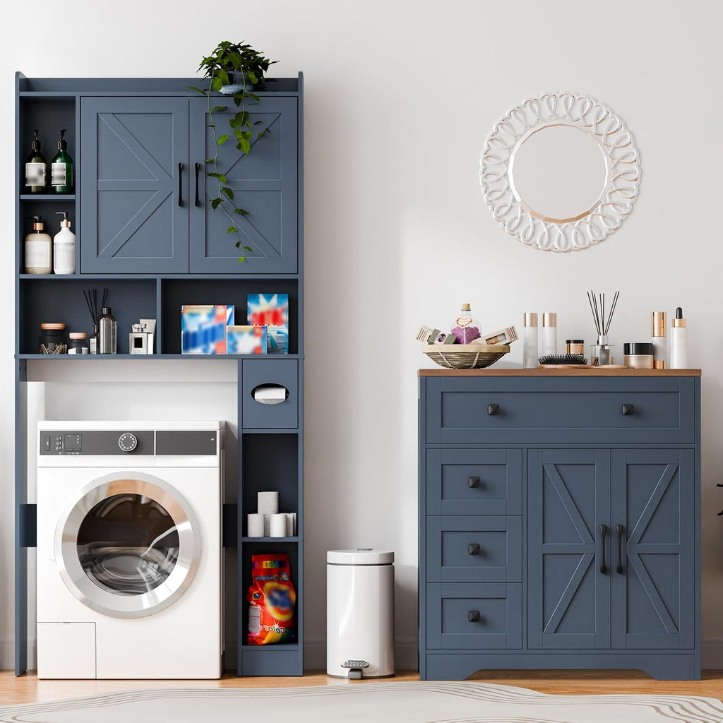 Vabches Farmhouse Storage Cabinet with 2 Doors and 4 Drawers, Blue