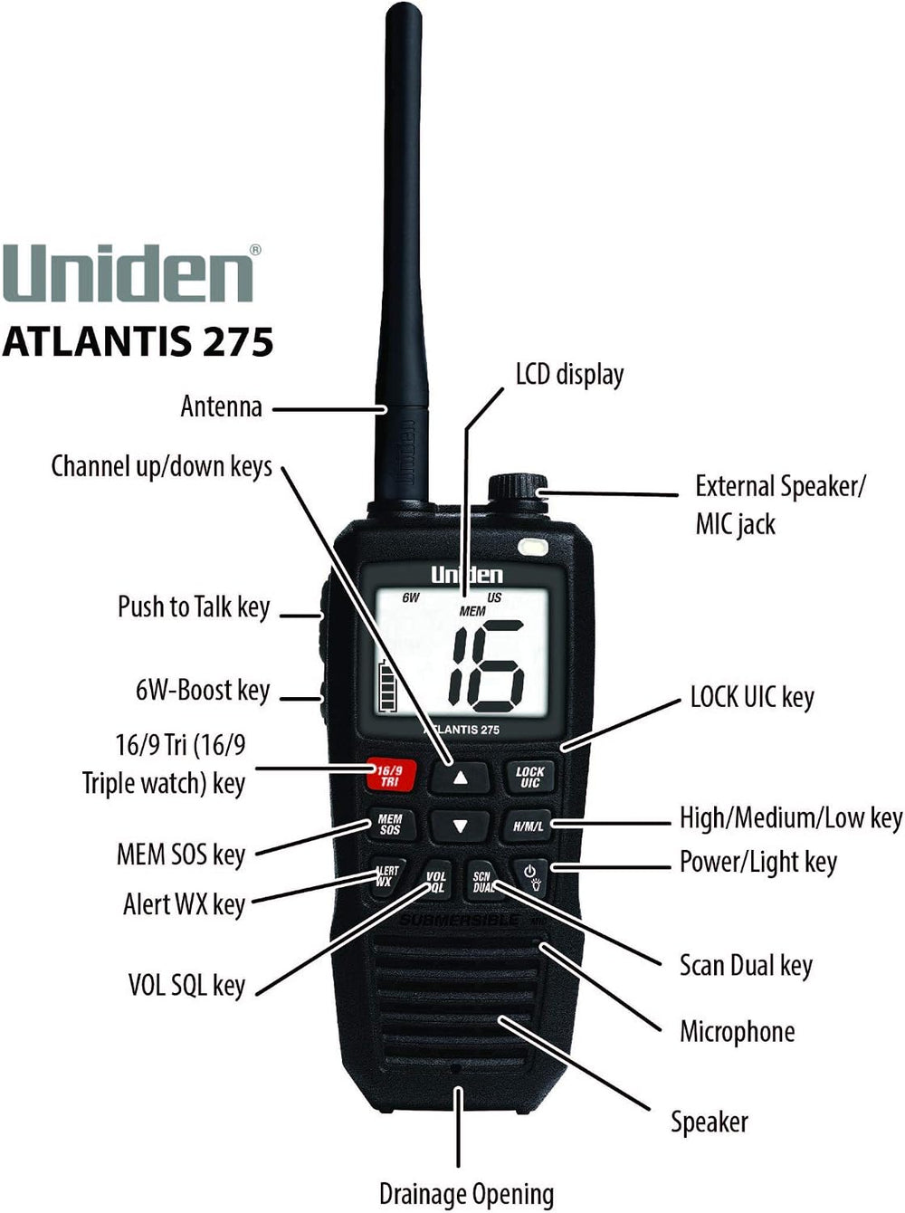 Uniden Atlantis 275 Handheld Two-Way VHF Marine Radio, Floating IPX8 Submersi...