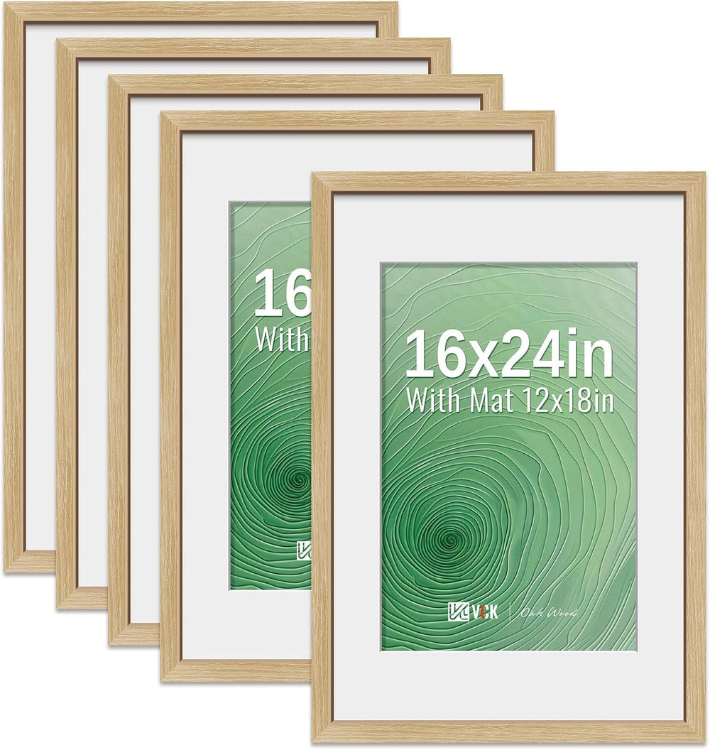 VCK 16x24 Picture Frame 5 Pack, Oak Wood, 12x18 Mat, for Wall Art