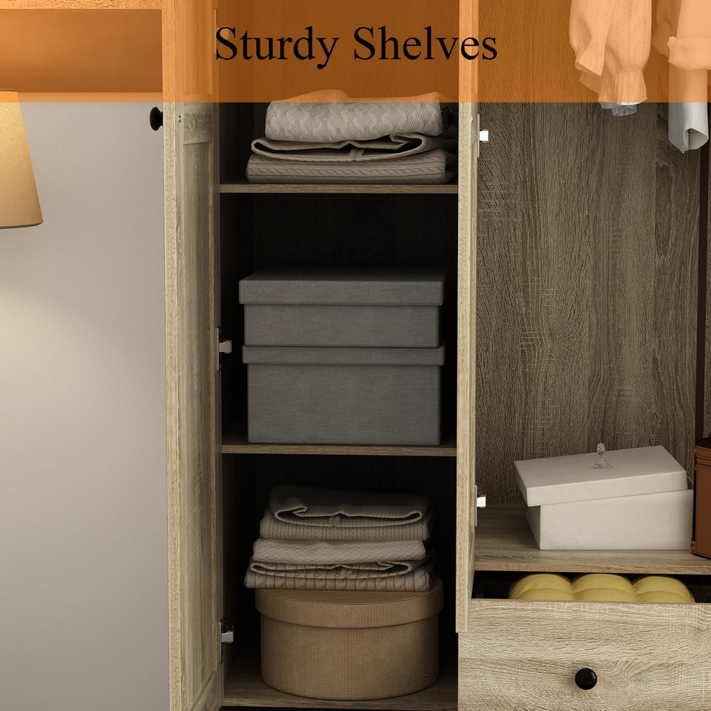 WOODTIME Rattan Armoire Wardrobe Closet with 7 Shelves, 5 Drawers & Hangi...