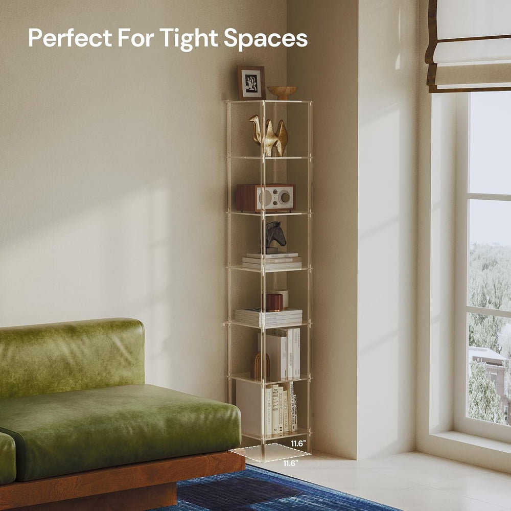 7-Tier Square Acrylic Bookshelf, Clear Tall Narrow Bookcase for Small Space, ...