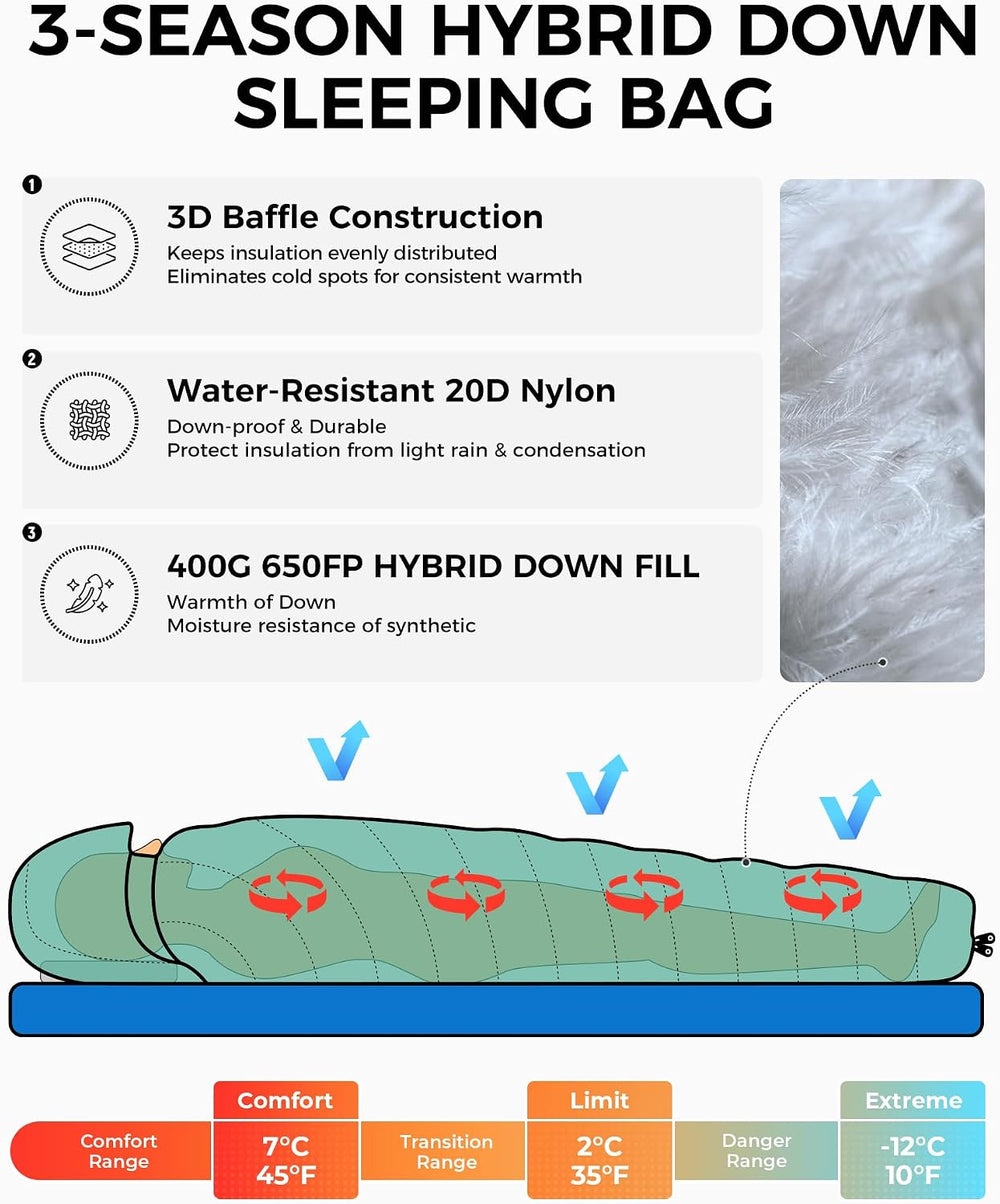 ATEPA Down Sleeping Bag for Adults, Hybrid, 3 Season, Lightweight