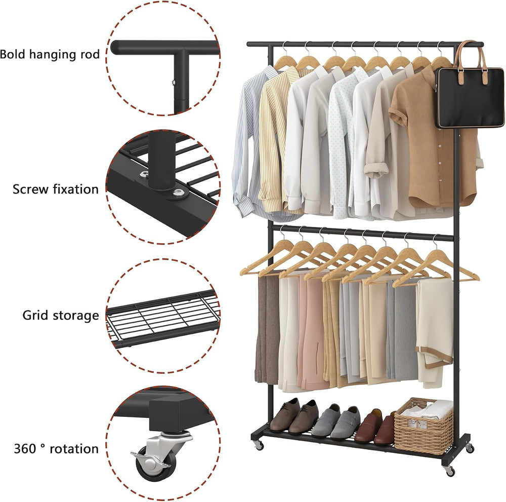 Sywhitta Double Rod Metal Clothing Rack on Wheels with Bottom Mesh,Black