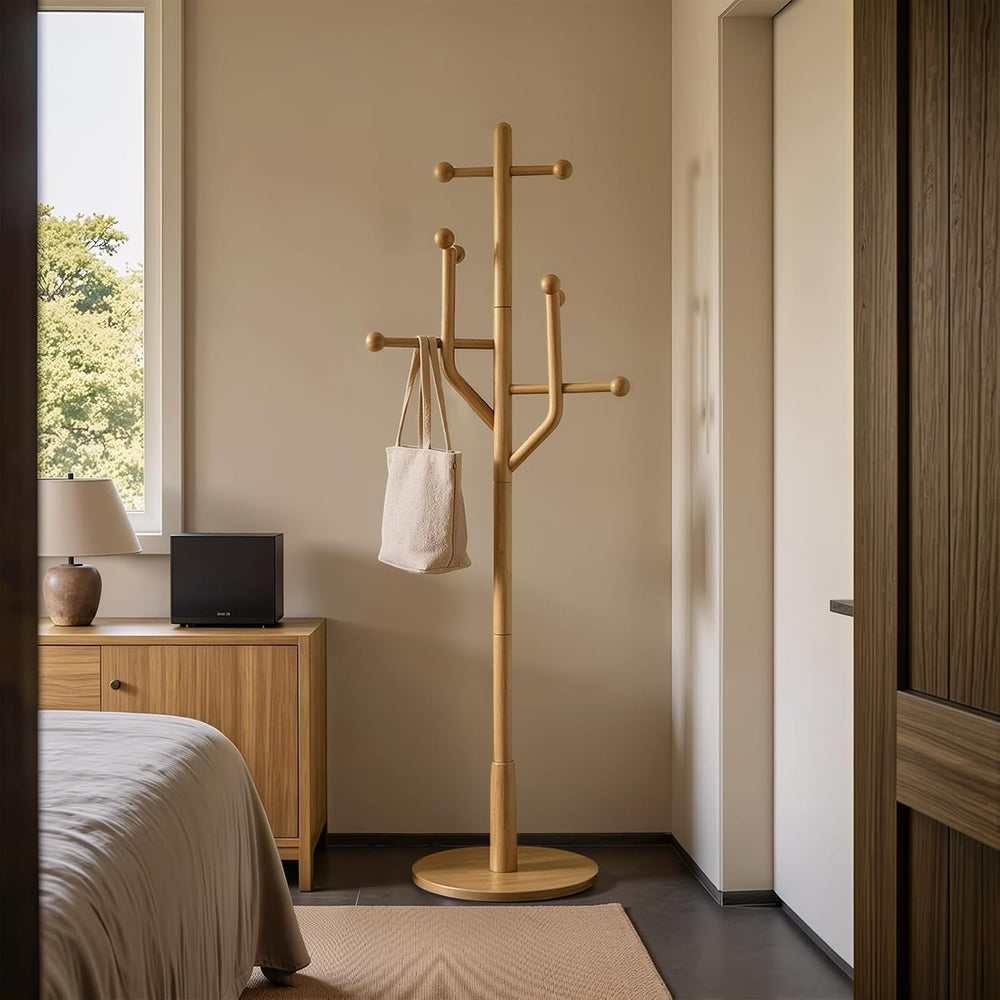 Solid Wood Coat Rack Freestanding Coat Tree Rack with 8 Hooks, Creative Styli...