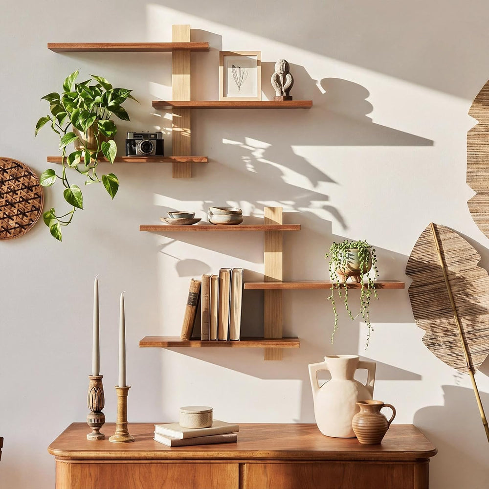 Pinkunn 2 Pack Floating Wall Shelf Mid Century Decor, Natural Wood, 3 Tier
