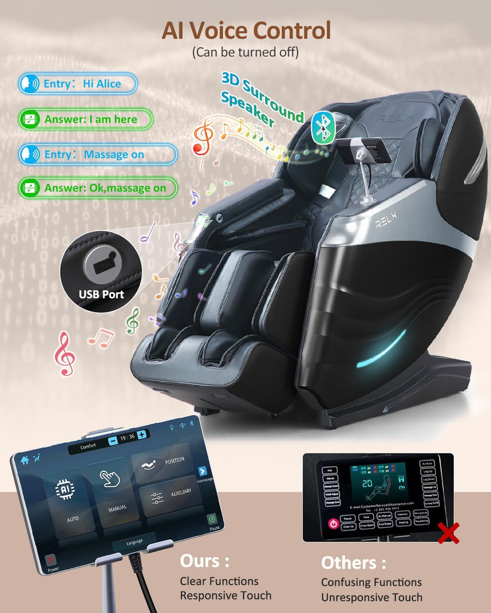 RELX 4D Massage Chair Full Body Zero Gravity Recliner, 55" SL-Track, Black