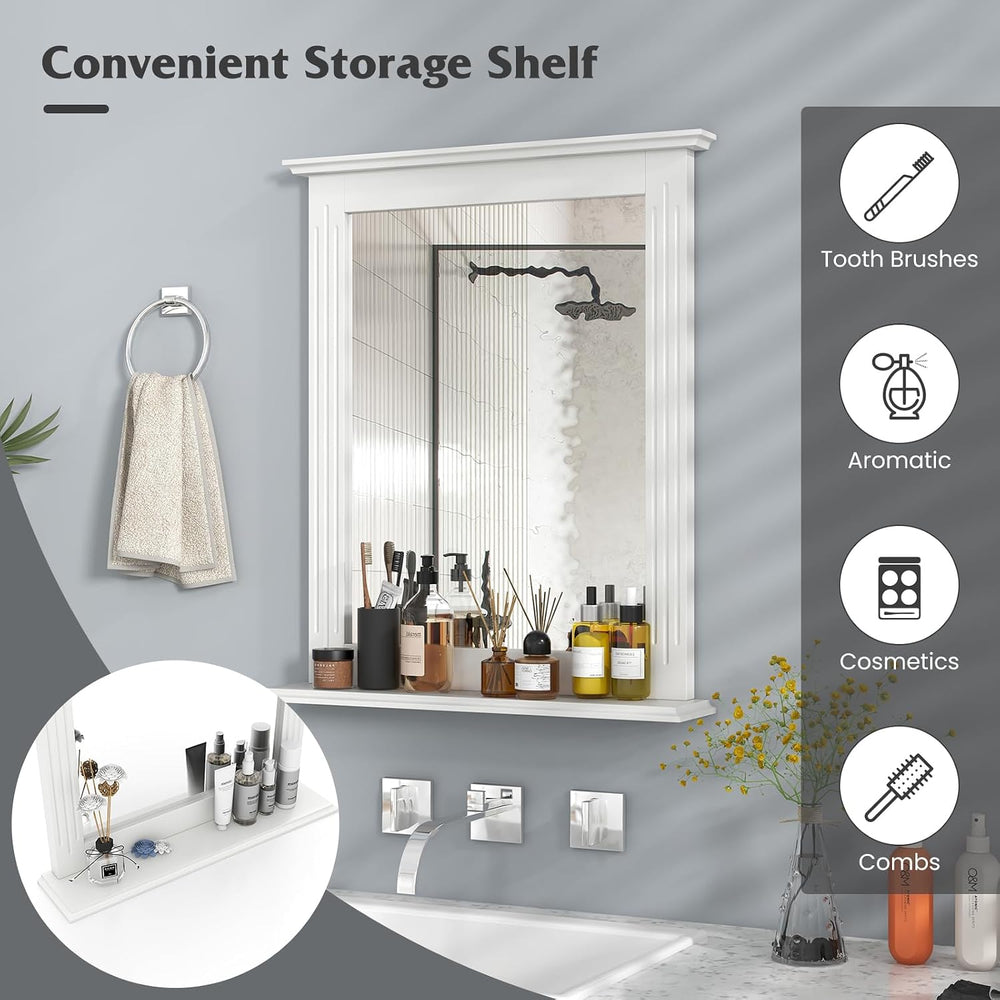 Tangkula Wall Mounted Bathroom Mirror with Built-in Storage Shelf