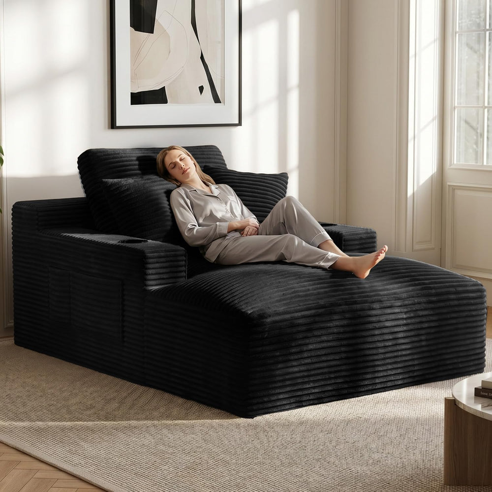 50" x 76" Corduroy Chaise Lounge Sofa Bed with Cup Holders, Black