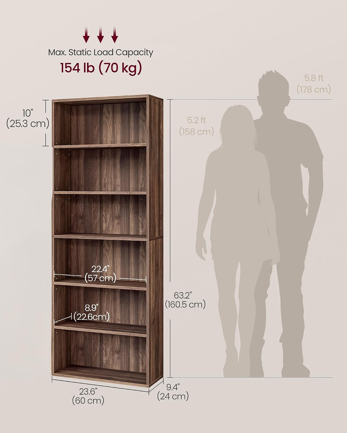 vasagle 6-tier bookshelf, storage organizer, 23.6 x 9.4 showing dimensions