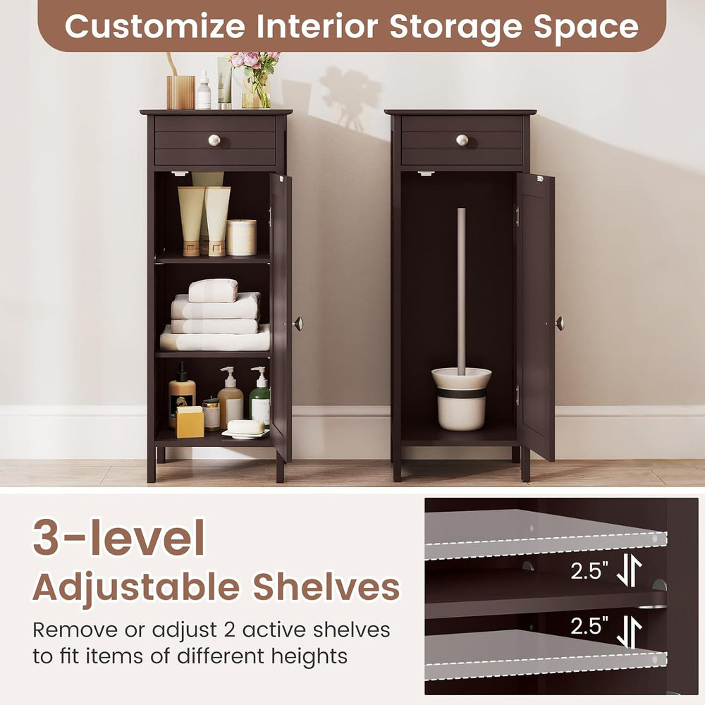 GLACER Bathroom Storage Cabinet, Single Door Narrow Floor Cabinet (Brown)